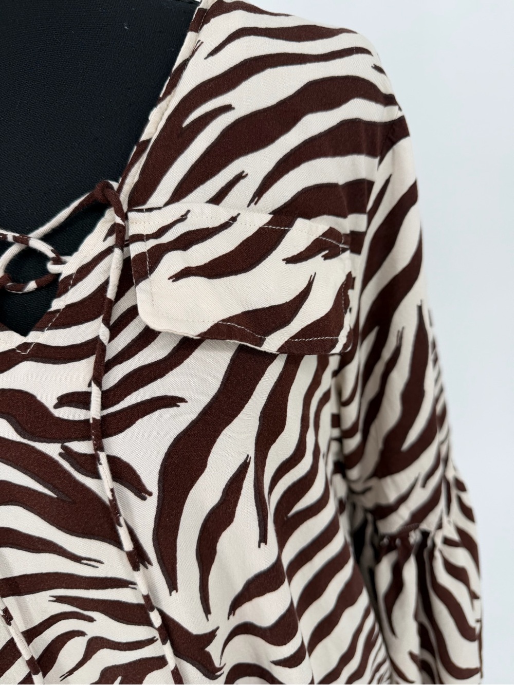 Women's Brown Zebra Print V-Neck Blouse with pockets and ties - Picture 3 of 10